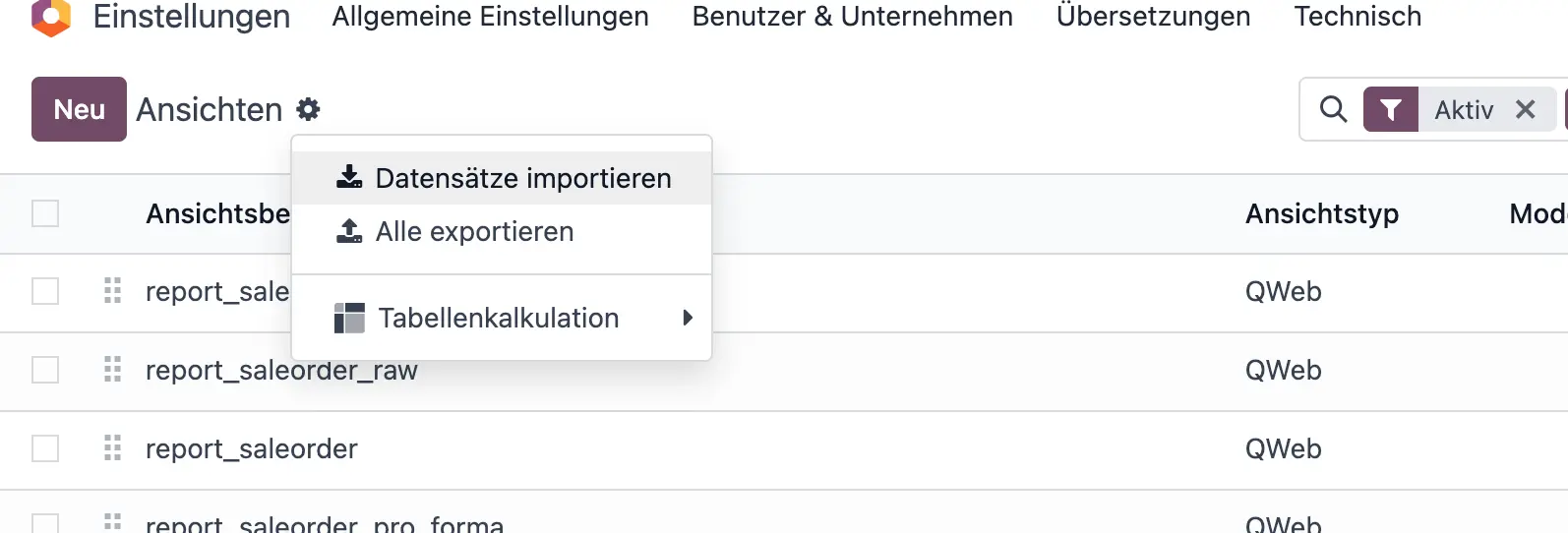Odoo Ansicht Import Screenshot